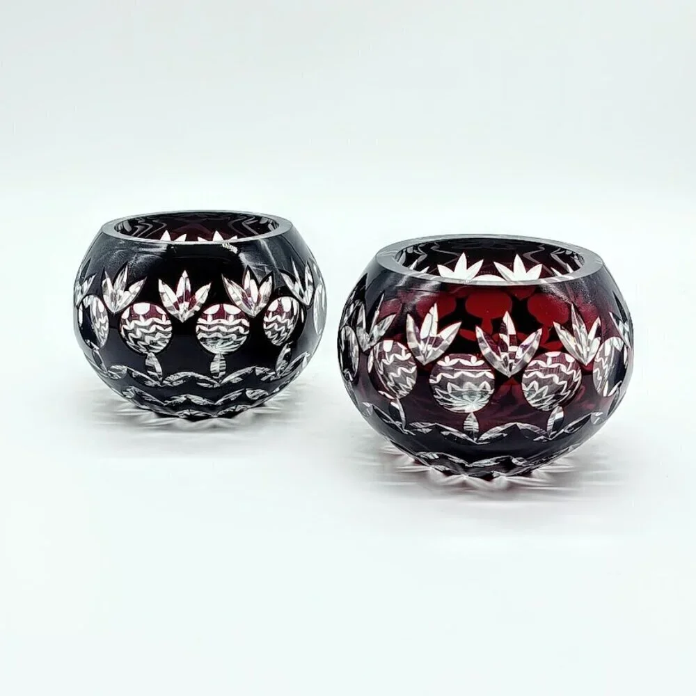 Vintage Godinger Ruby Red Cut to Clear Crystal Candle Holders (2)